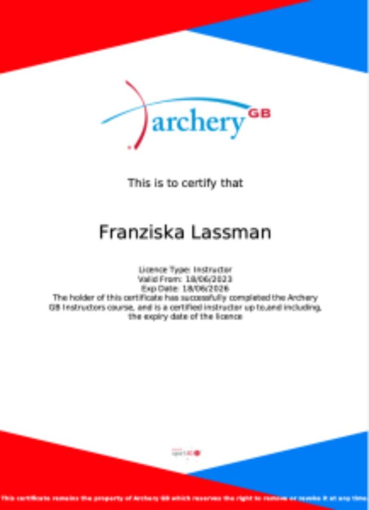 Archery certification document for Franziska Lassman